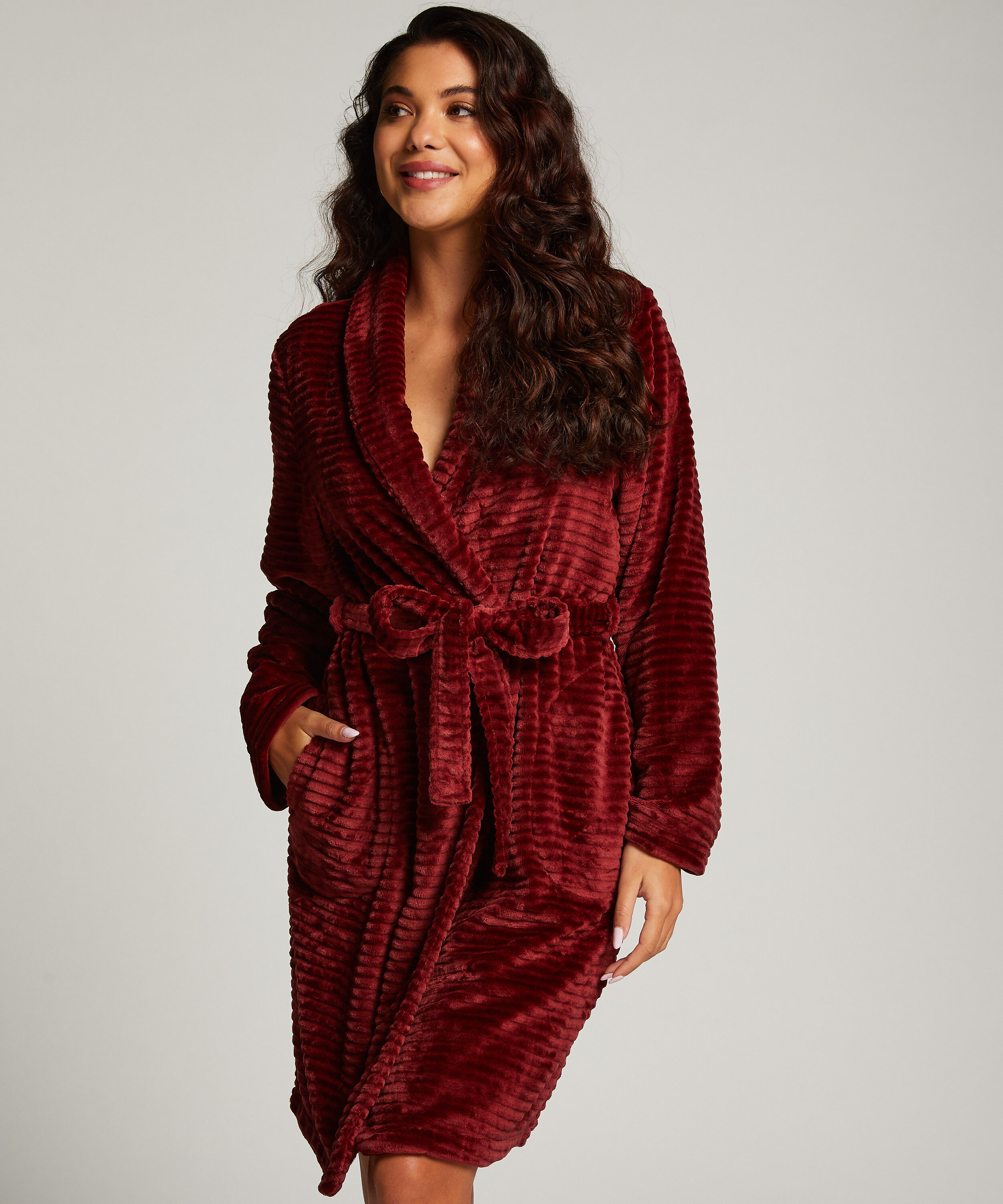 Fleece rib kort badekåpe, Brun