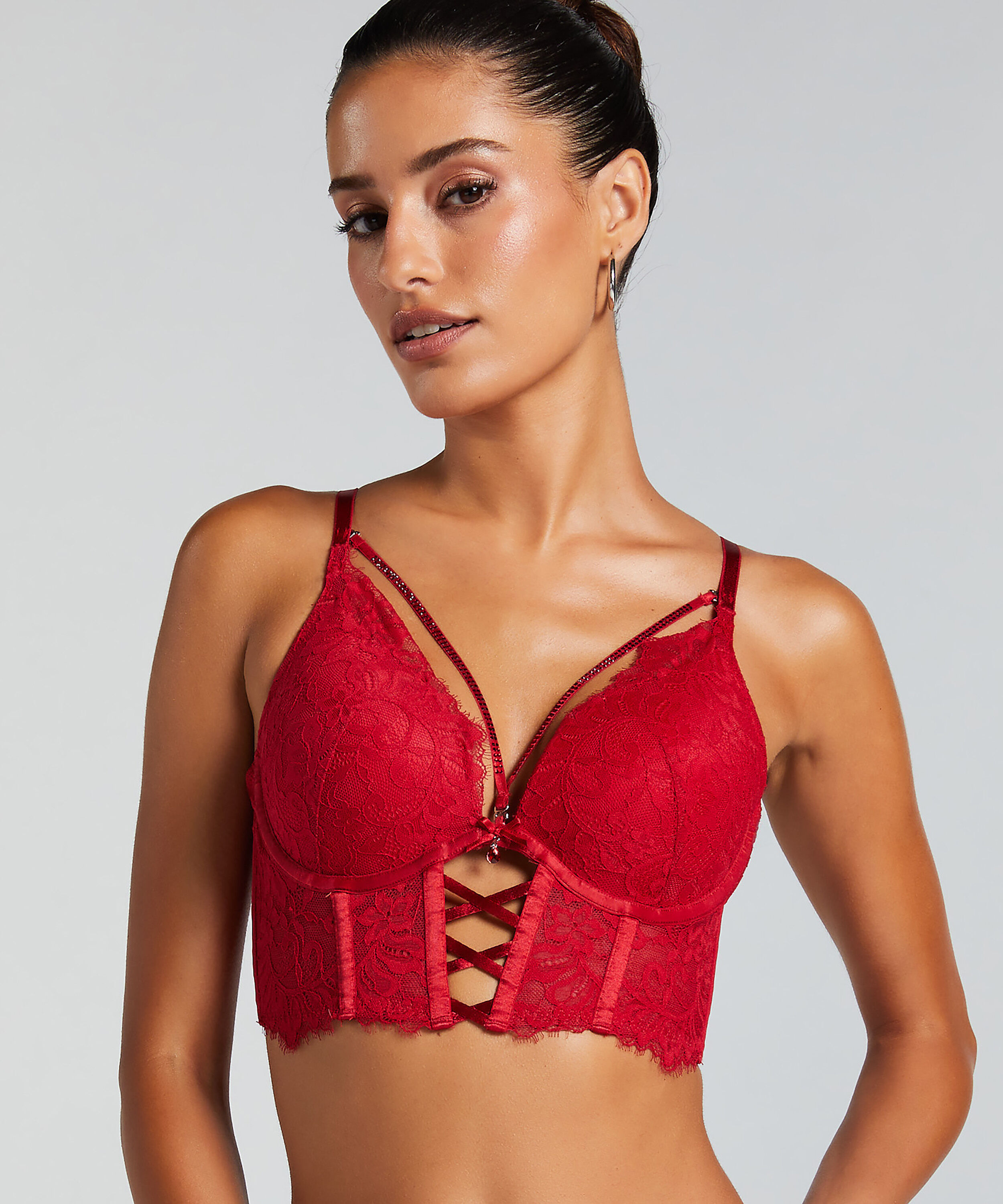 Vatterte longline push-up bøyle-bh Charlotta, Rød