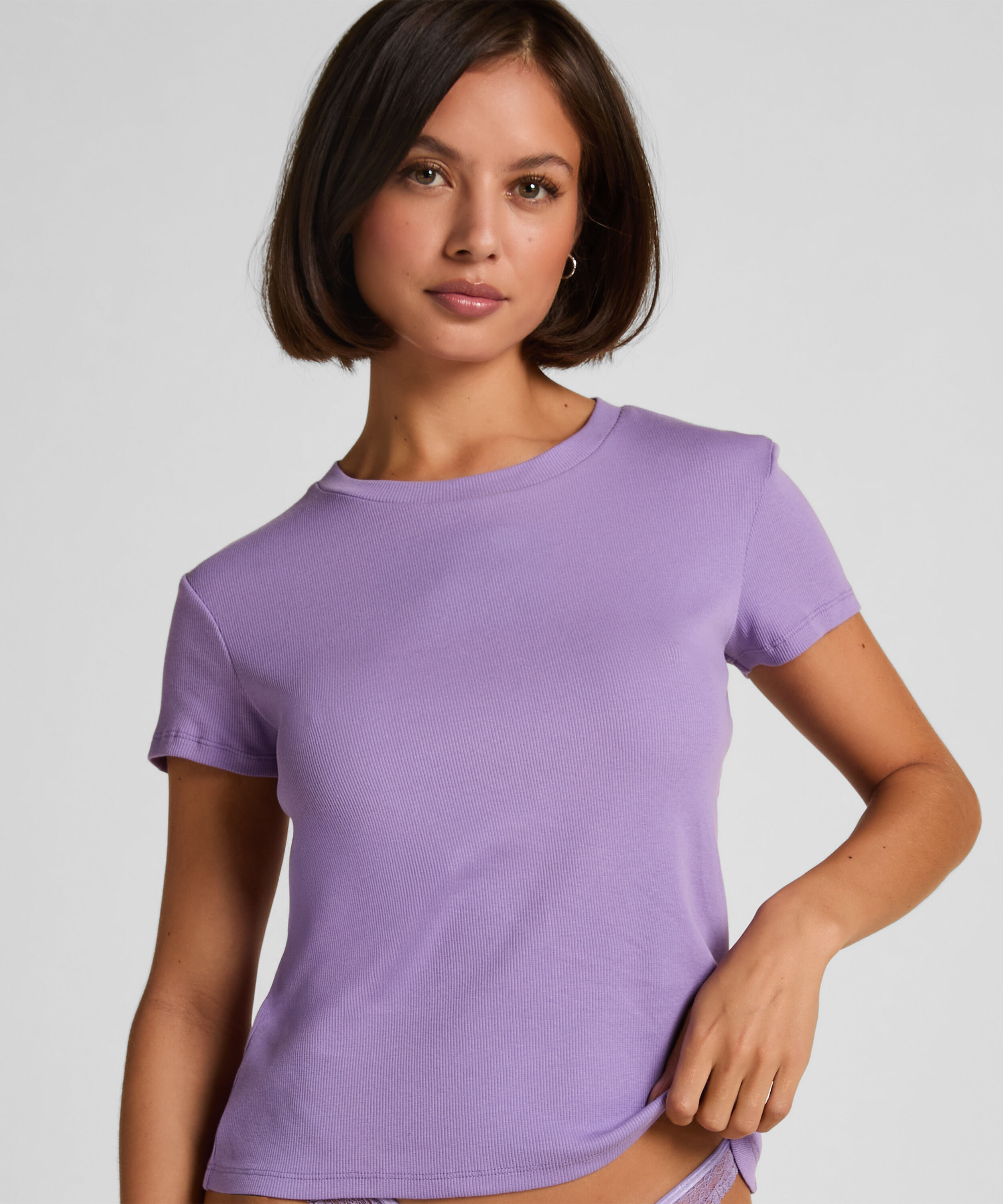 Ribbed Crew Neck Short-Sleeved Pyjama Top, Lilla