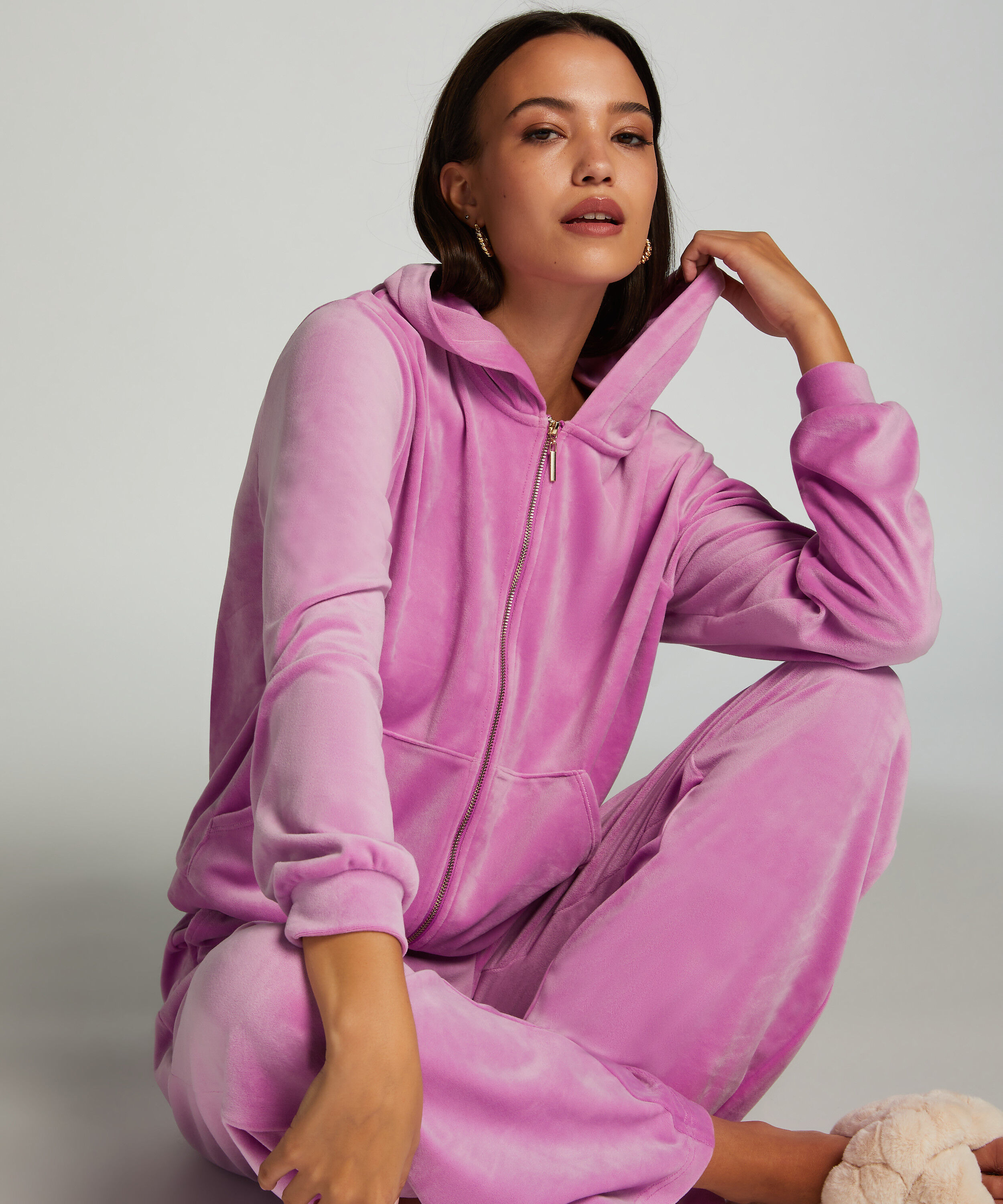 Hoodie jakke i velur, Rosa