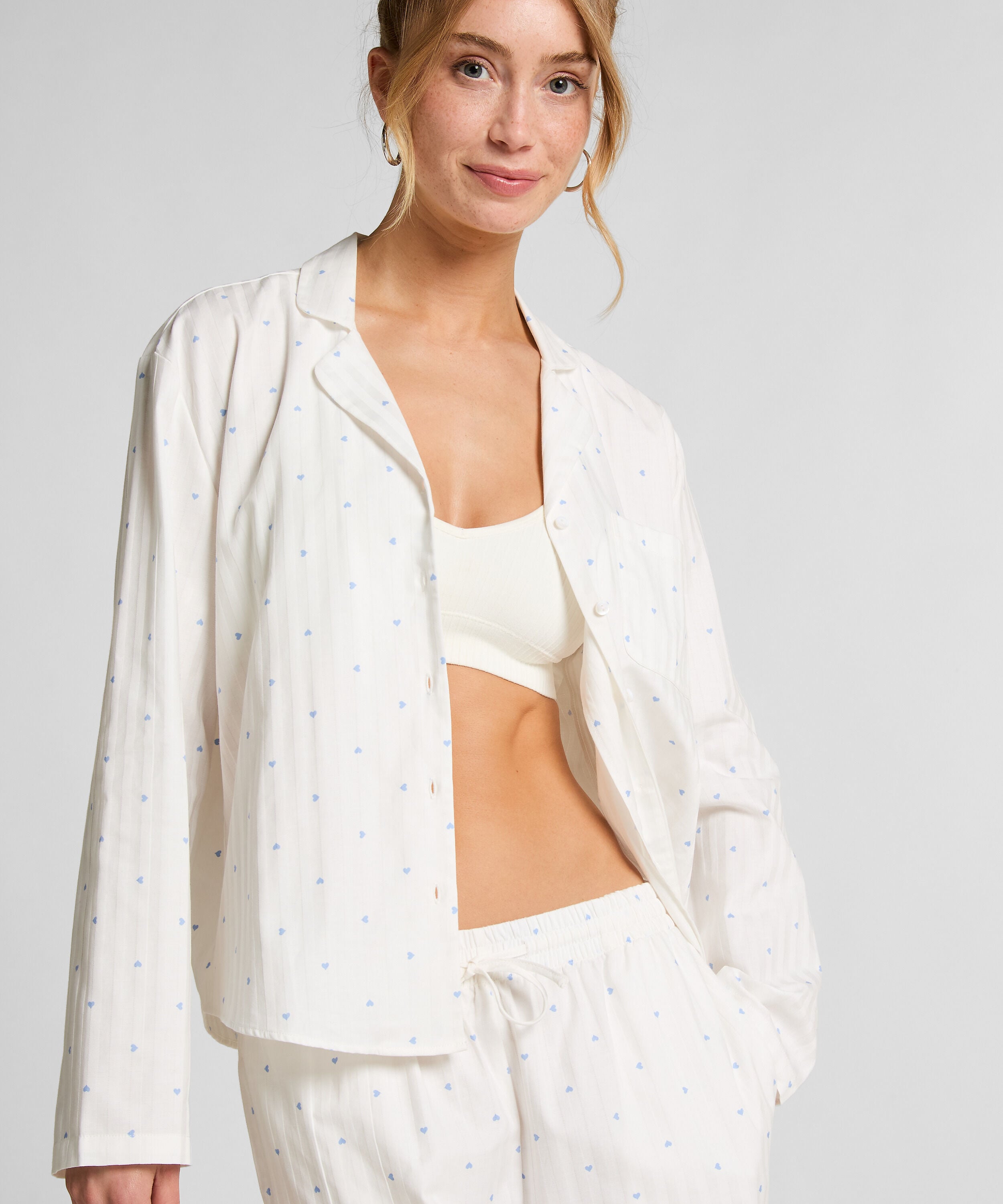 Jacquard Pyjamatopp med Lange Ermer, Blå