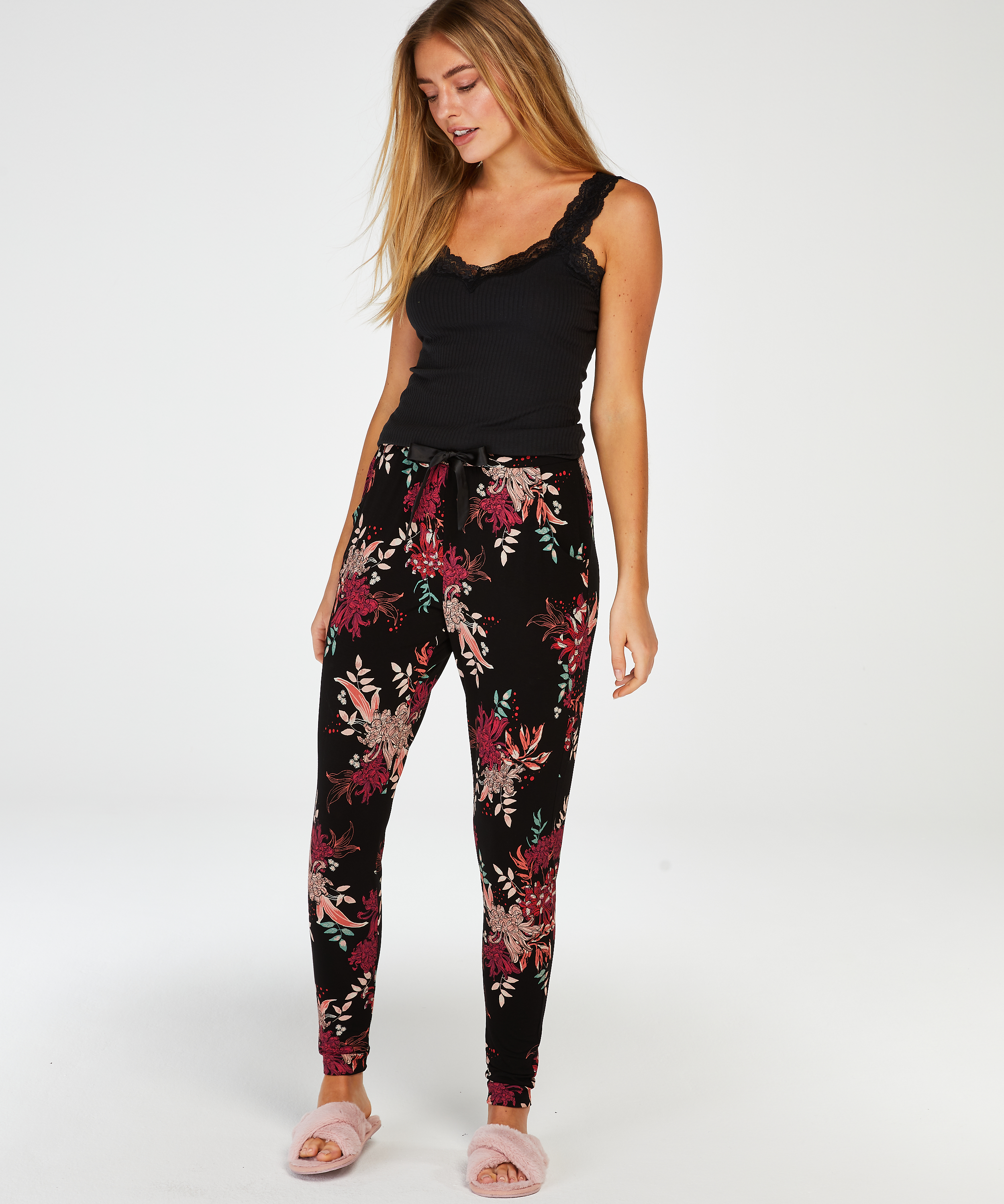 Rib Cami Lace topp, Svart, main