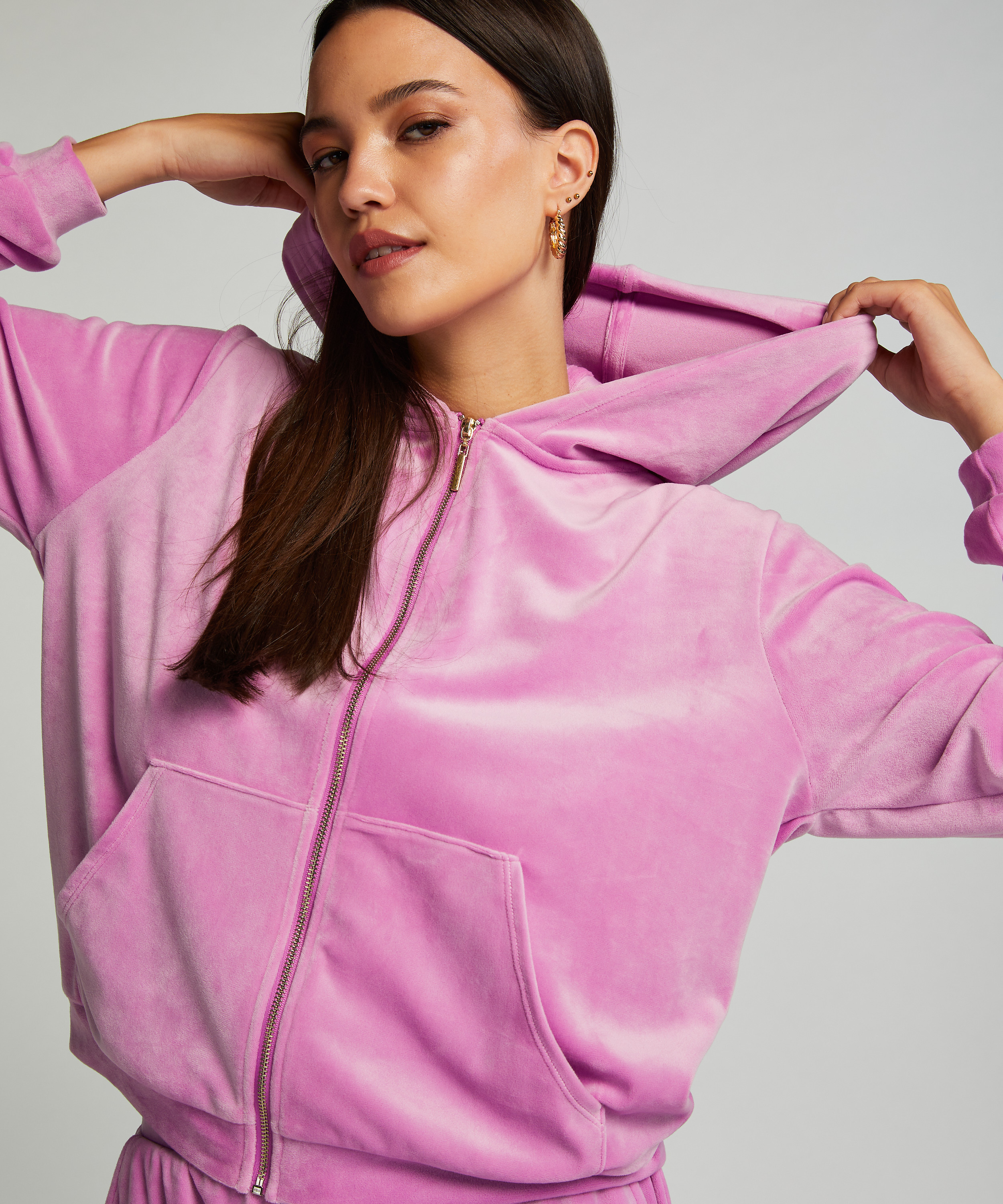 Hoodie jakke i velur, Rosa, main