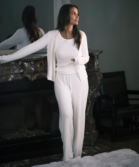 Ribbestrikket Jersey Cardigan, Hvit