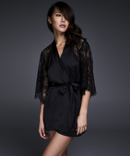 Satin Lace Flared Kimono, Svart