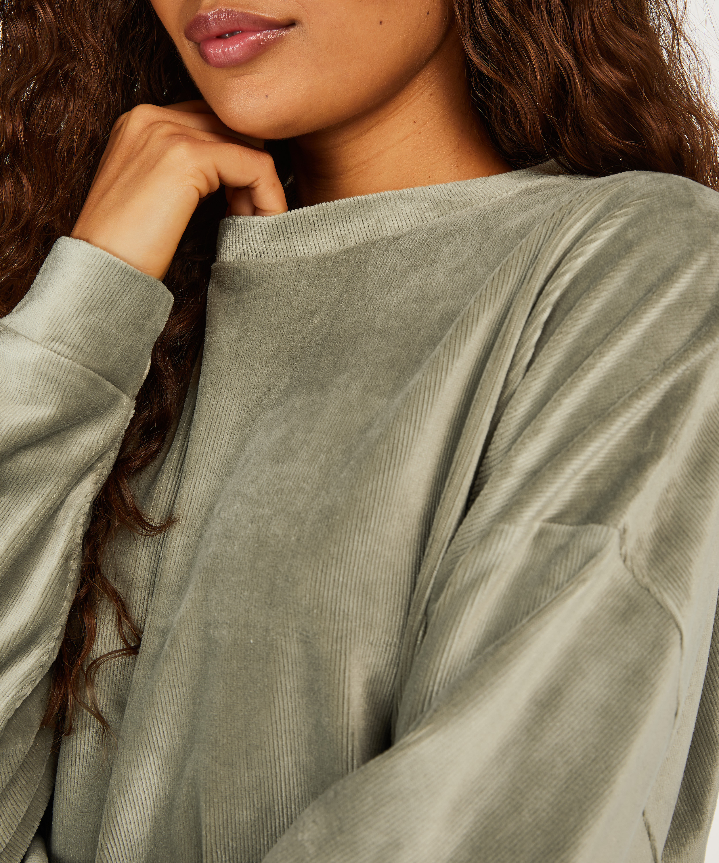 Fl&oslash;yelsrib-topp med lange ermer, Gr&oslash;nn, main