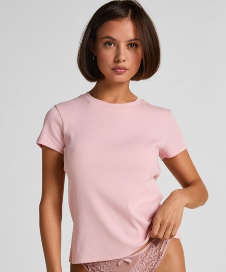 Ribbed Crew Neck Short-Sleeved Pyjama Top, Rosa