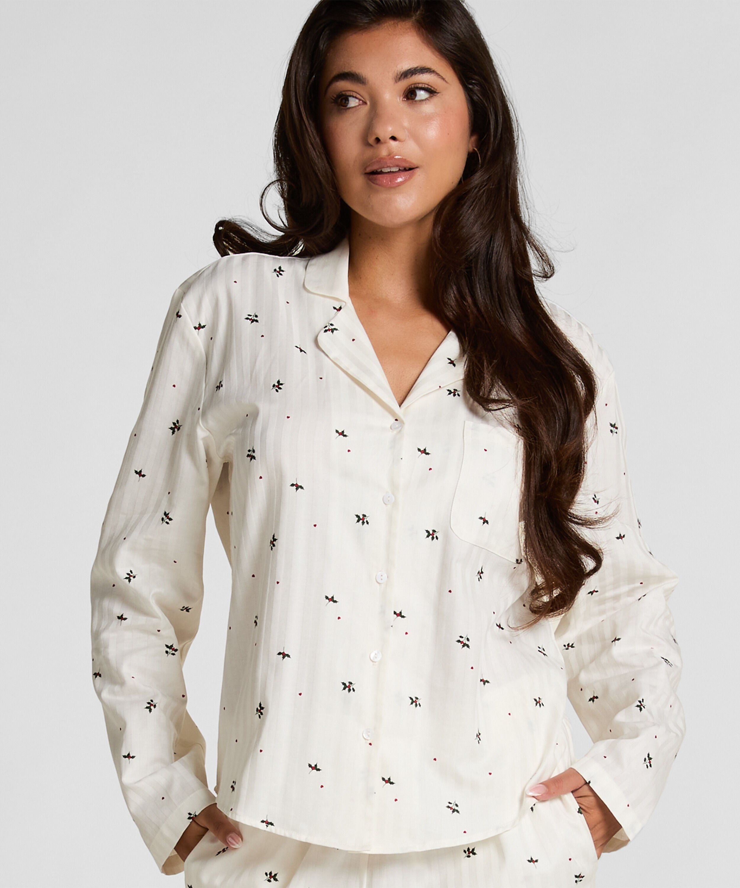 Jacquard Pyjamatopp med Lange Ermer, Hvit