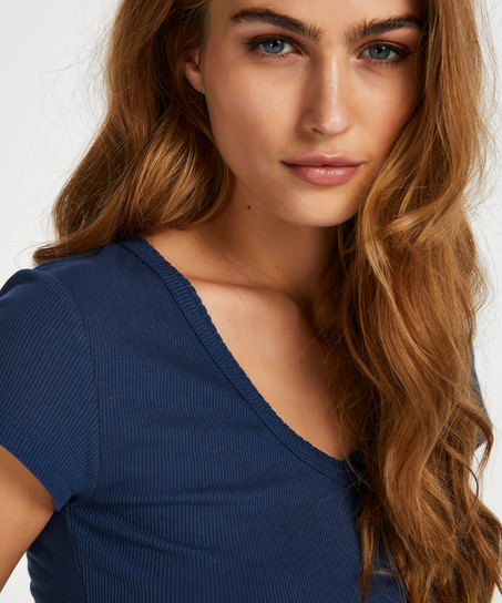 Ribbestrikket pysjamastopp med korte ermer., Blå