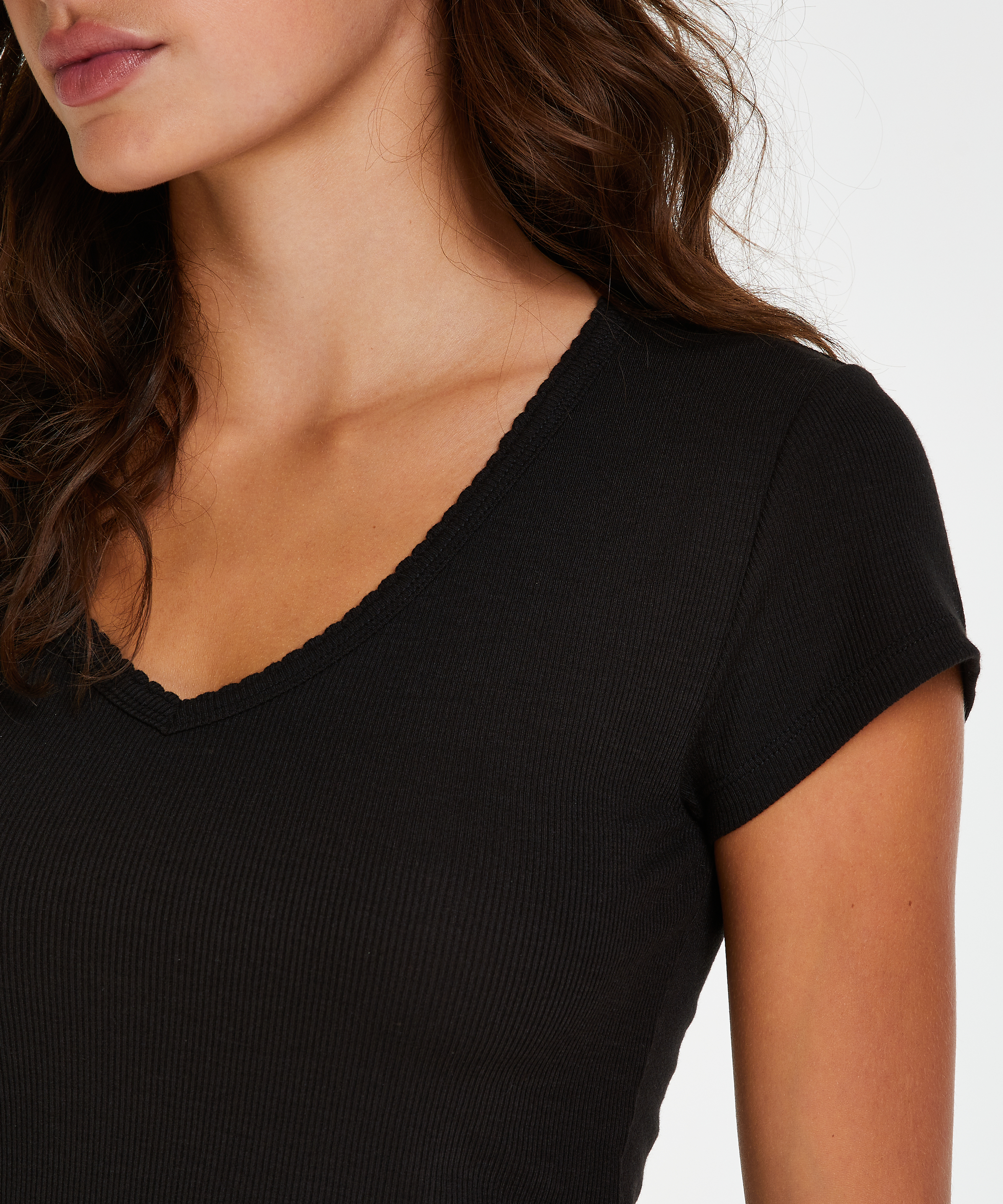 Ribbestrikket pysjamastopp med korte ermer., Svart, main