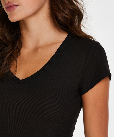 Ribbestrikket pysjamastopp med korte ermer., Svart