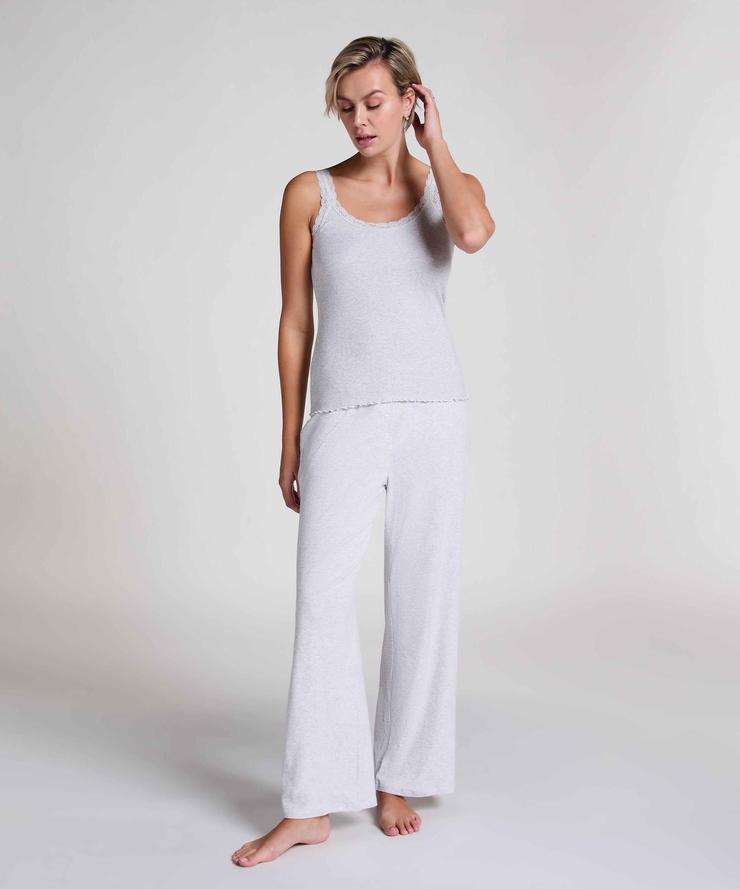 Ribbestrikket singlet med blonder, Beige, main