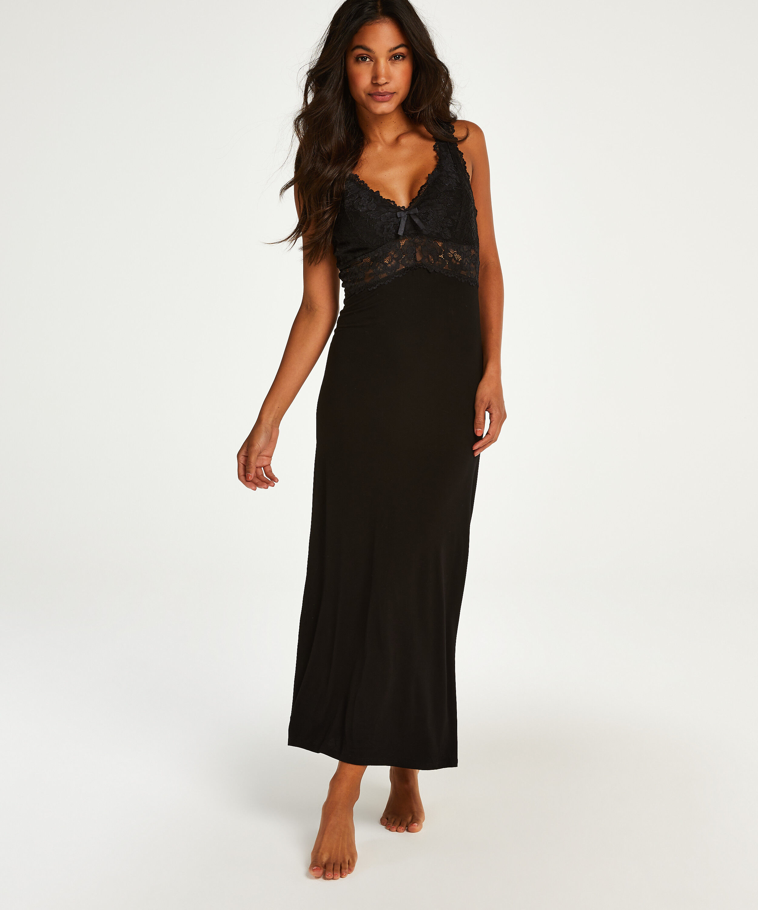 Modal Lace lang slipkjole, Svart