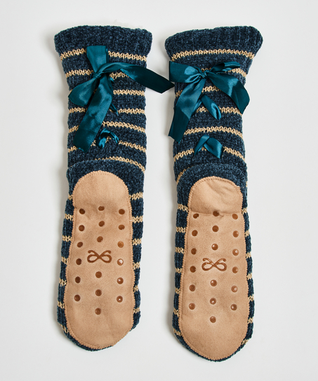 Lace-Up Slipper Socks, Blå