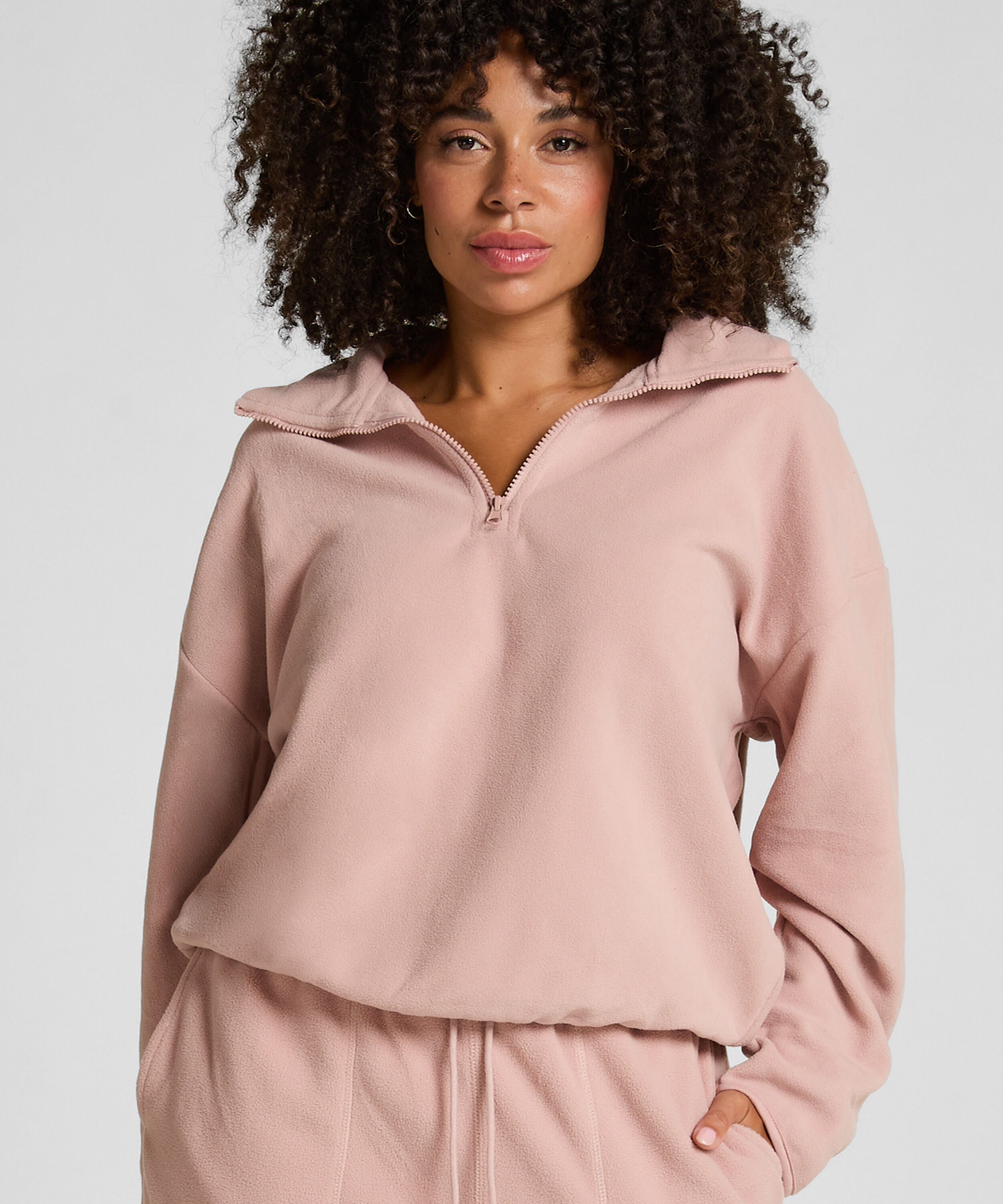 Topp med halv glidelås og sporty fleece, Rosa