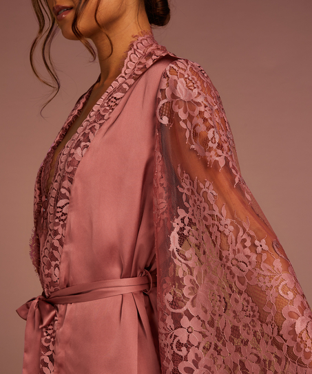 Kimono med heldekkende blonder, Rosa