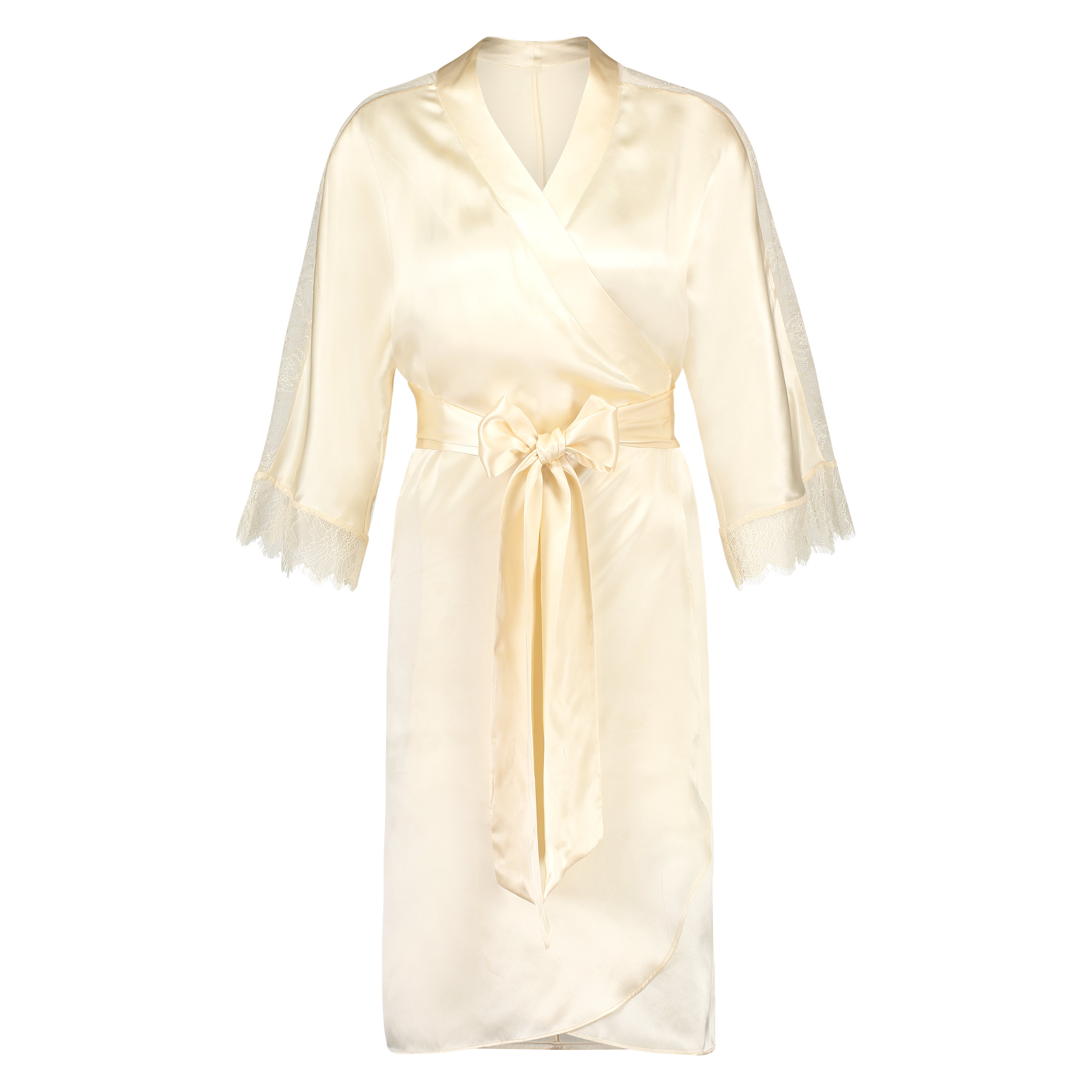 Silkekimono med blonder, Beige, main