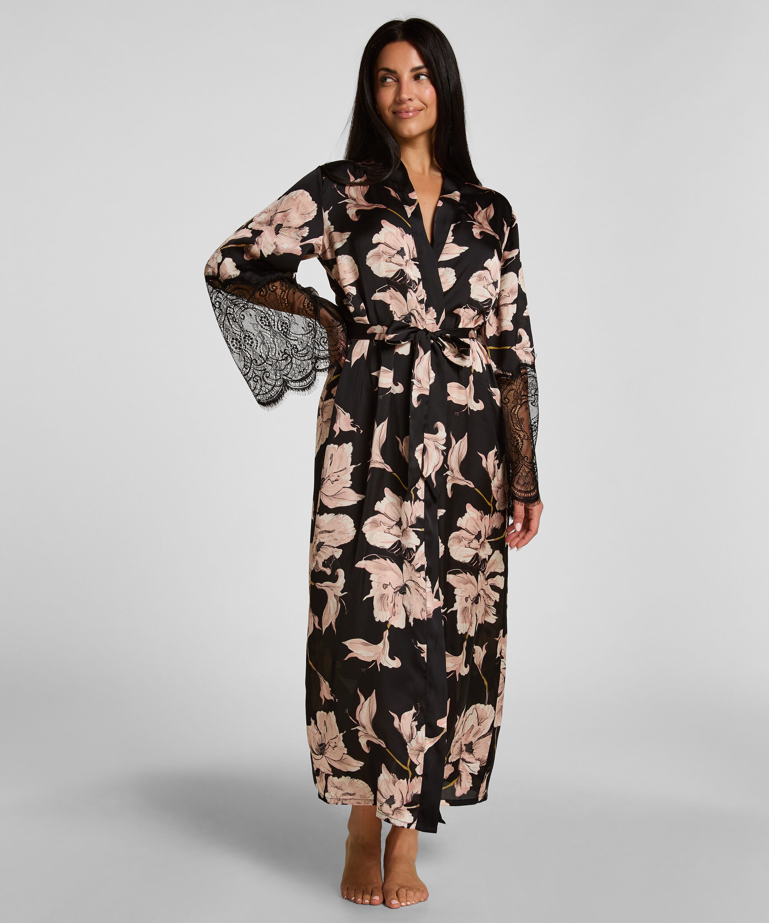 Kimono lange satengblonder, Svart