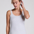 Ribbestrikket singlet med blonder, Beige