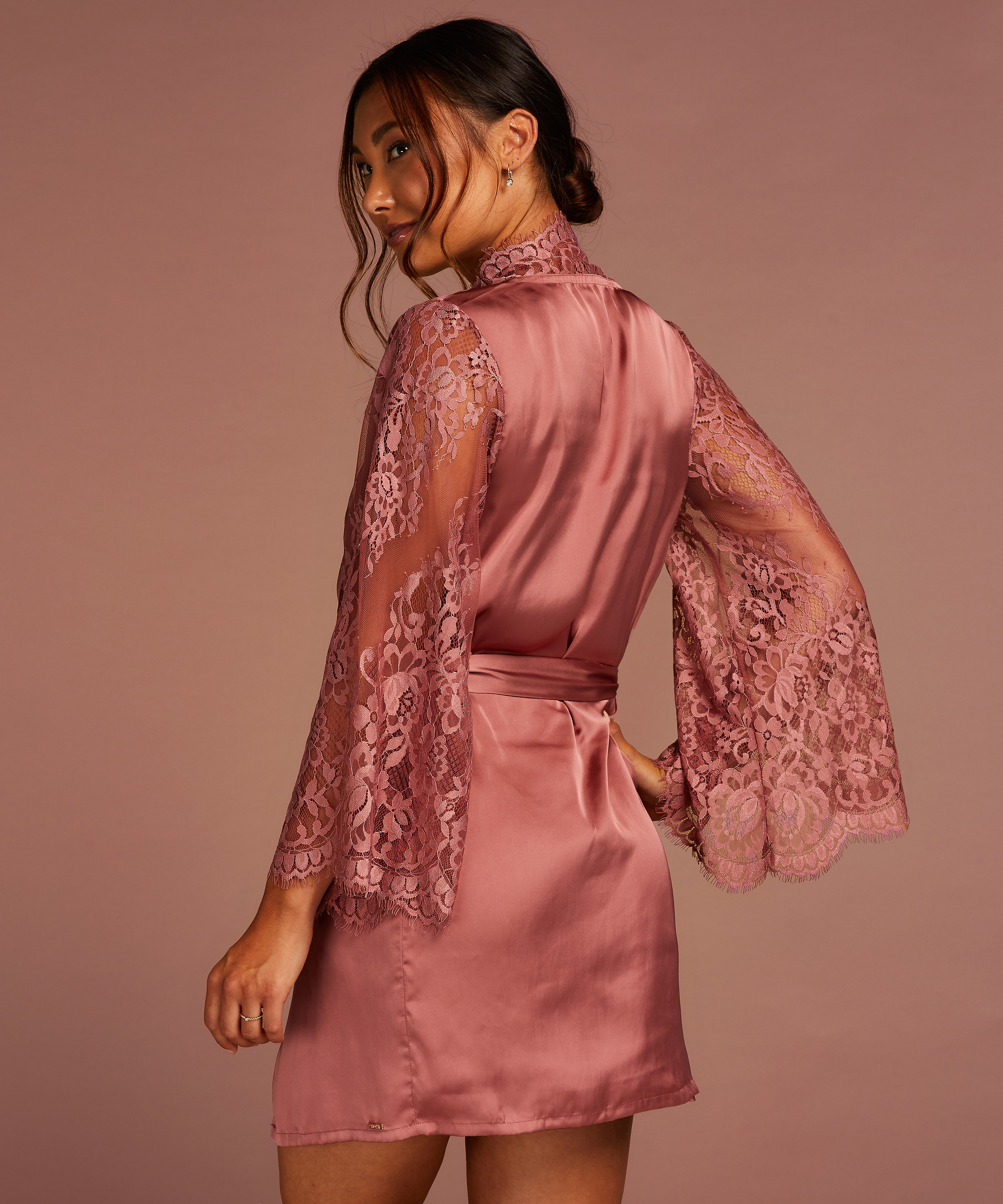 Kimono med heldekkende blonder, Rosa, main