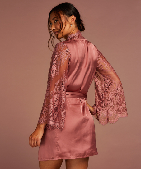 Kimono med heldekkende blonder, Rosa