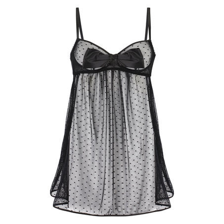 Bow Dotted Mesh Underwired Slip Dress, Svart