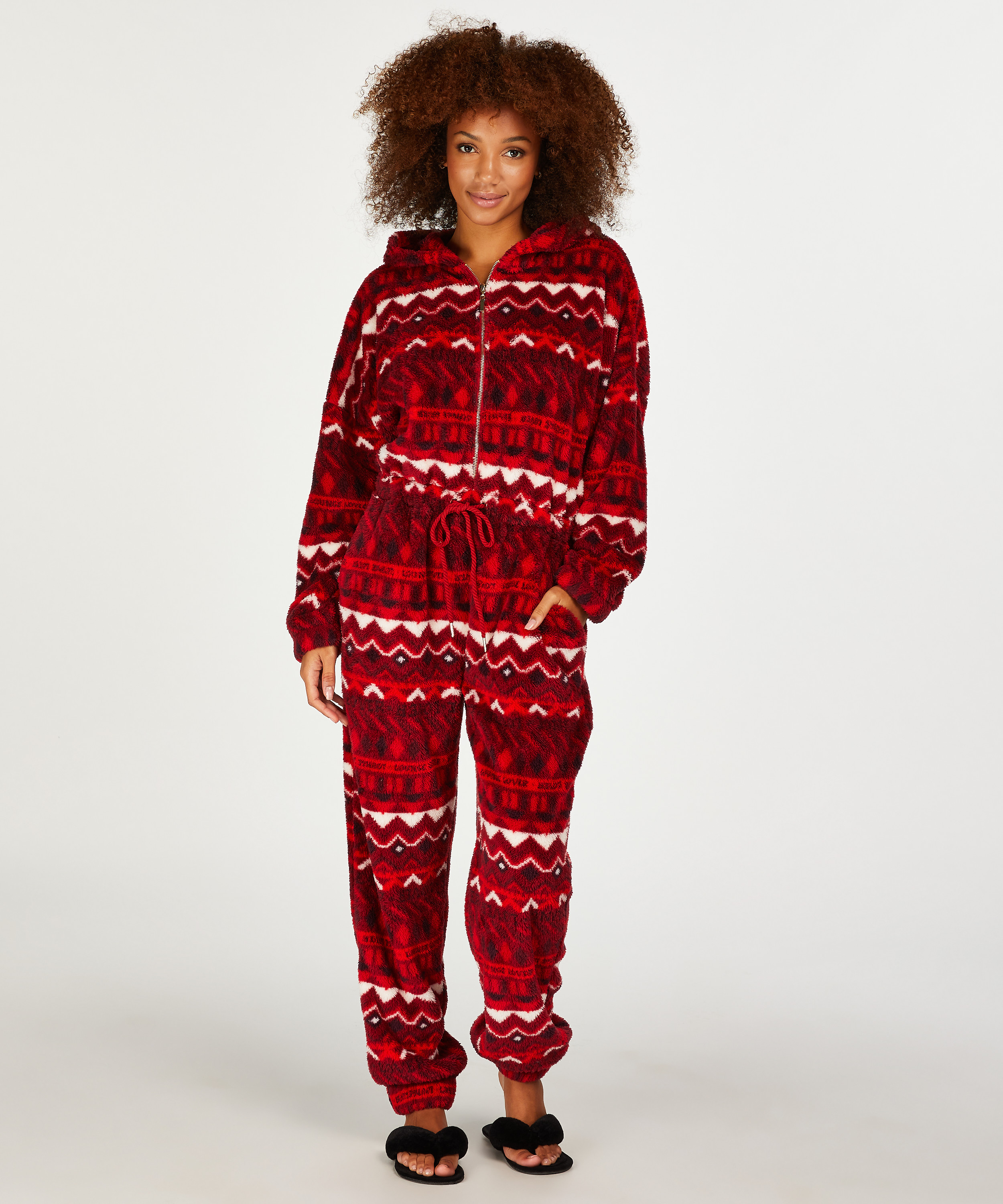 Fairisle flanellfleece onesie, Rød, main