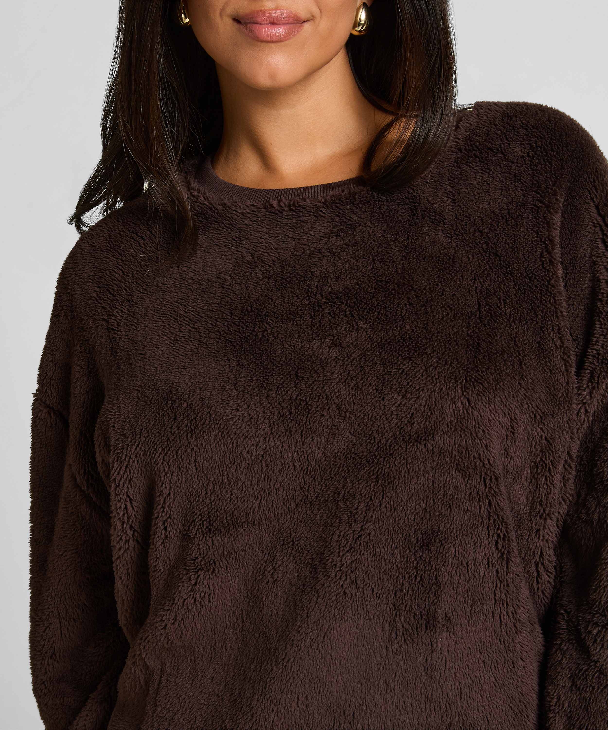 Langermet Topp Fluffy Fleece, Brun, main