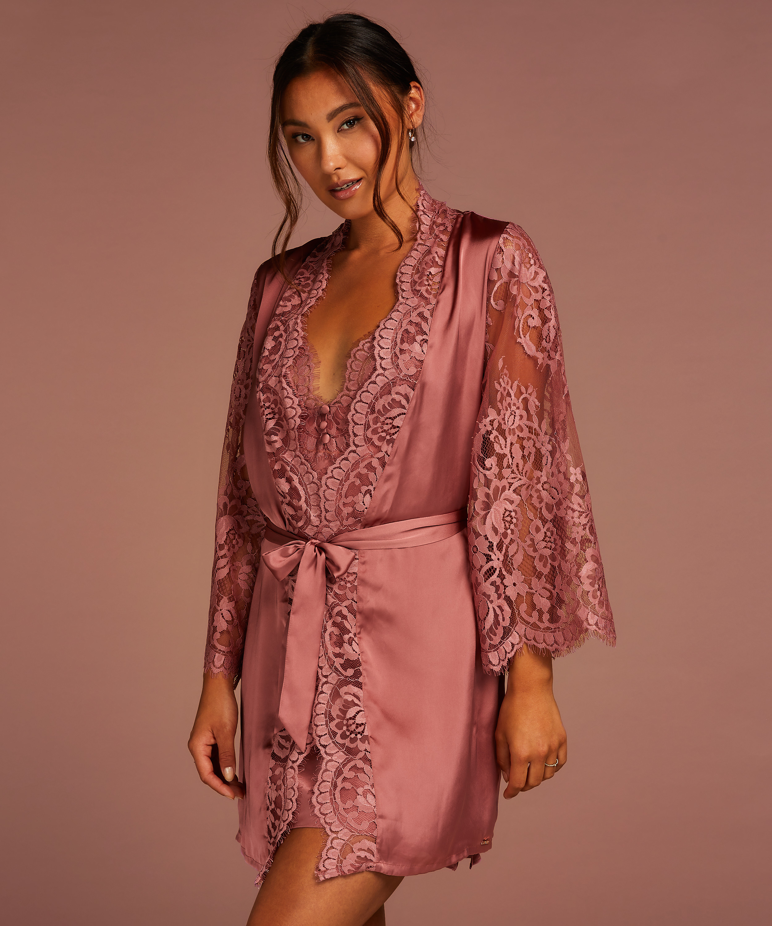 Kimono med heldekkende blonder, Rosa, main