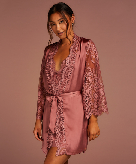 Kimono med heldekkende blonder, Rosa