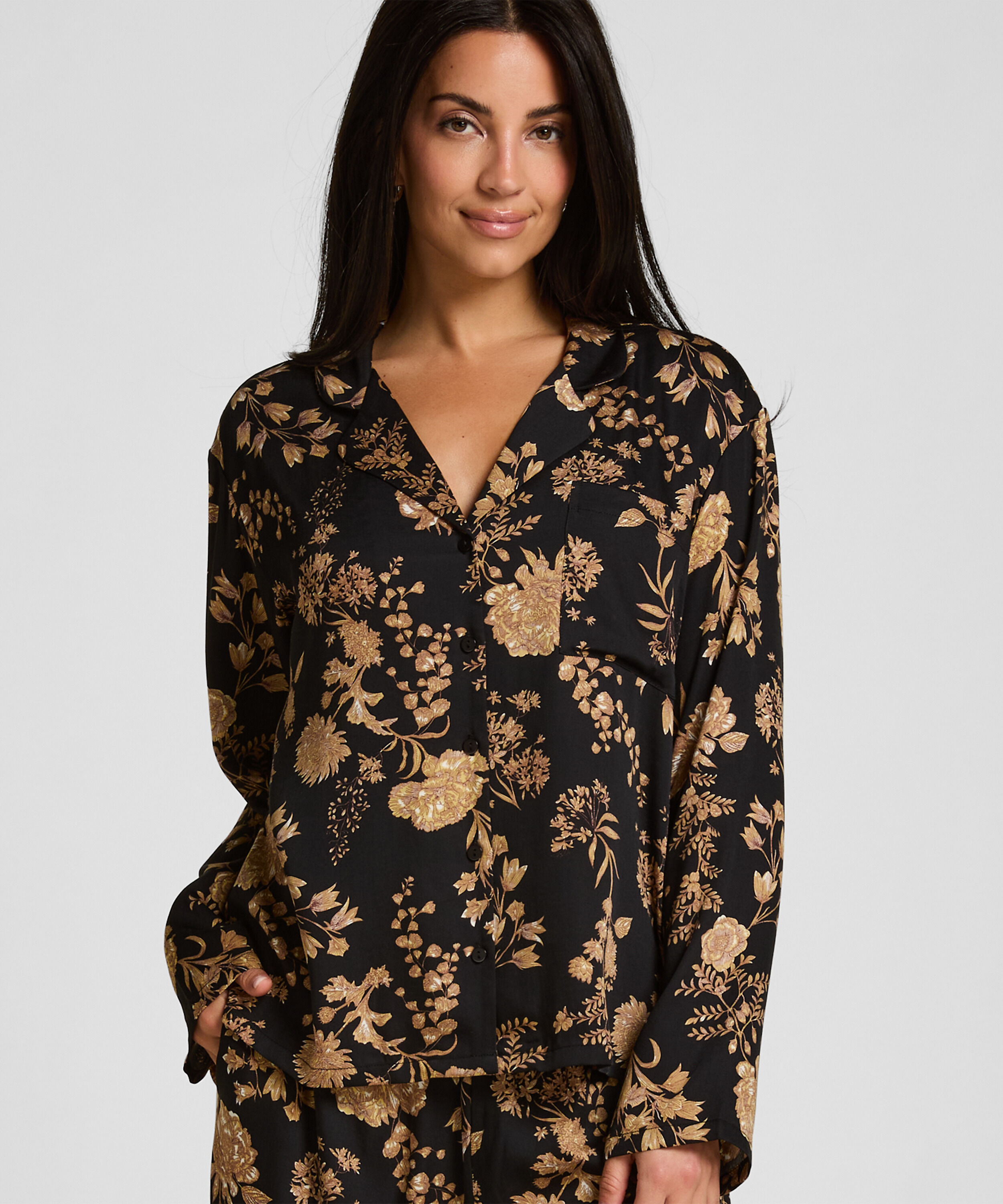 Pyjamasjakke Woven Print, Svart Pyjamasjakke Woven Print, Svart