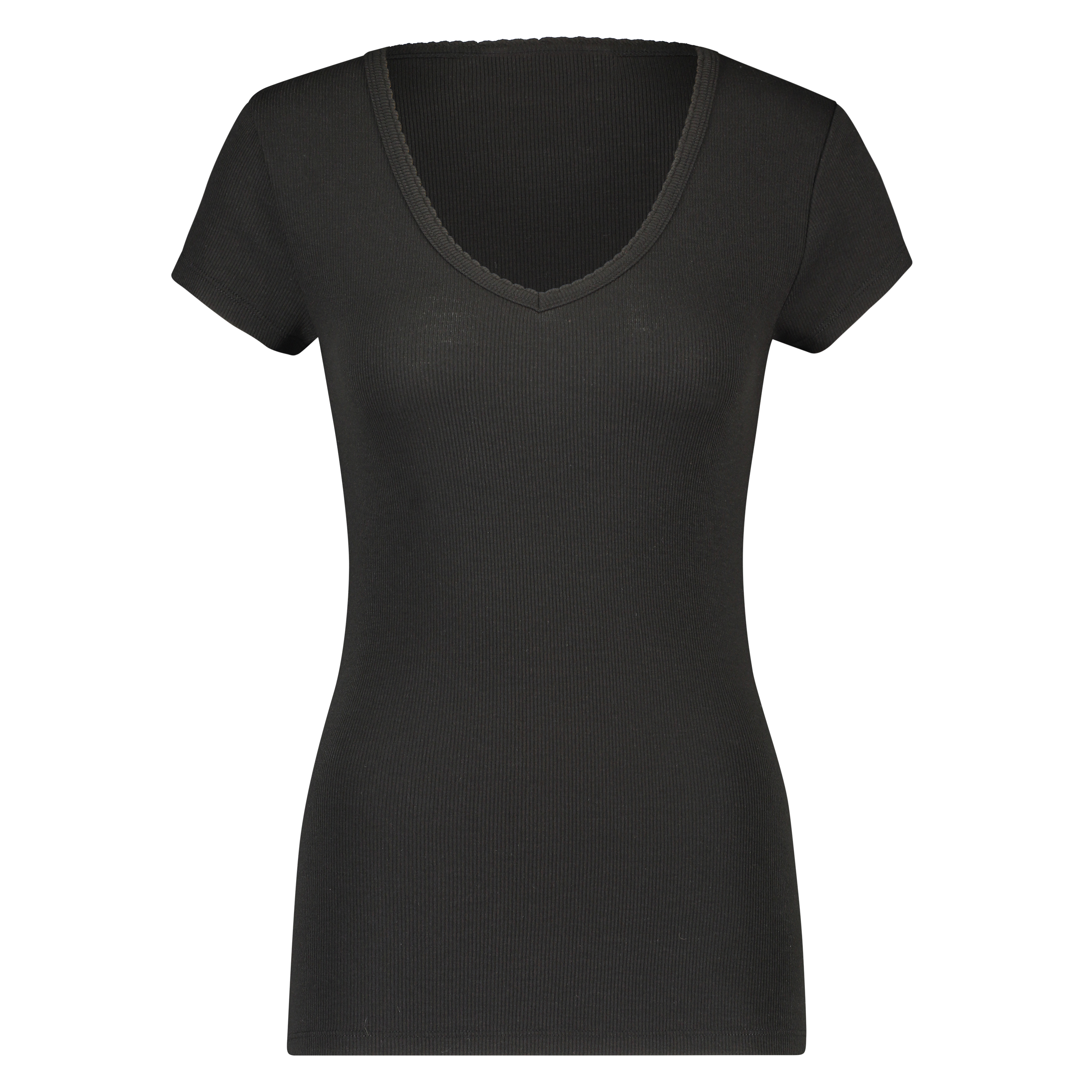 Ribbestrikket pysjamastopp med korte ermer., Svart, main