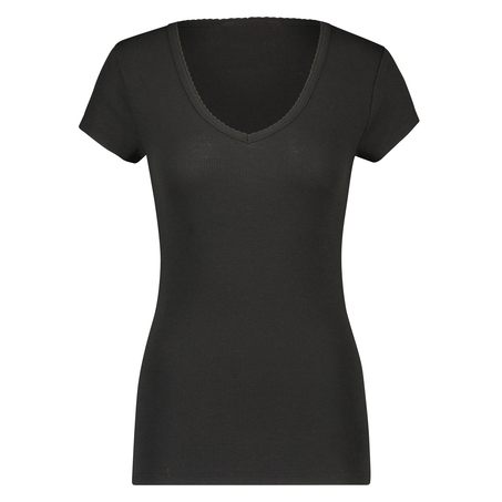 Ribbestrikket pysjamastopp med korte ermer., Svart