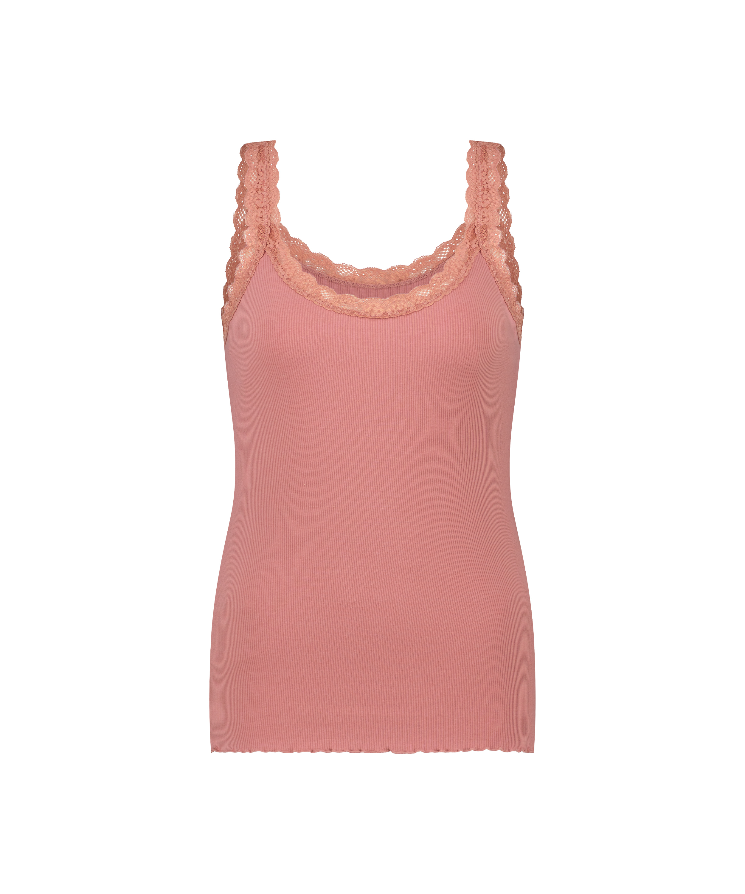 Ribbestrikket singlet med blonder, Rosa, main