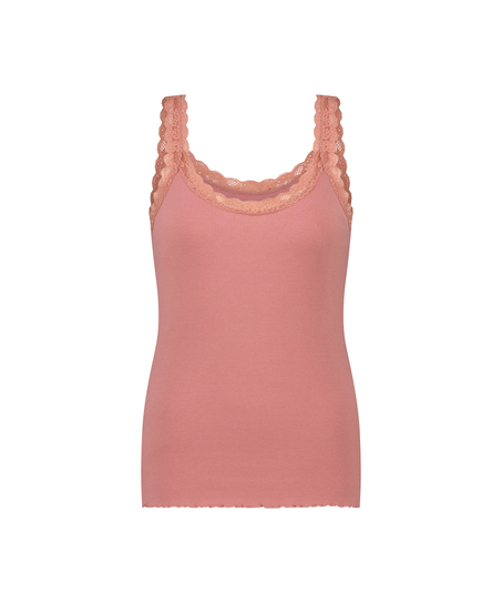 Ribbestrikket singlet med blonder, Rosa