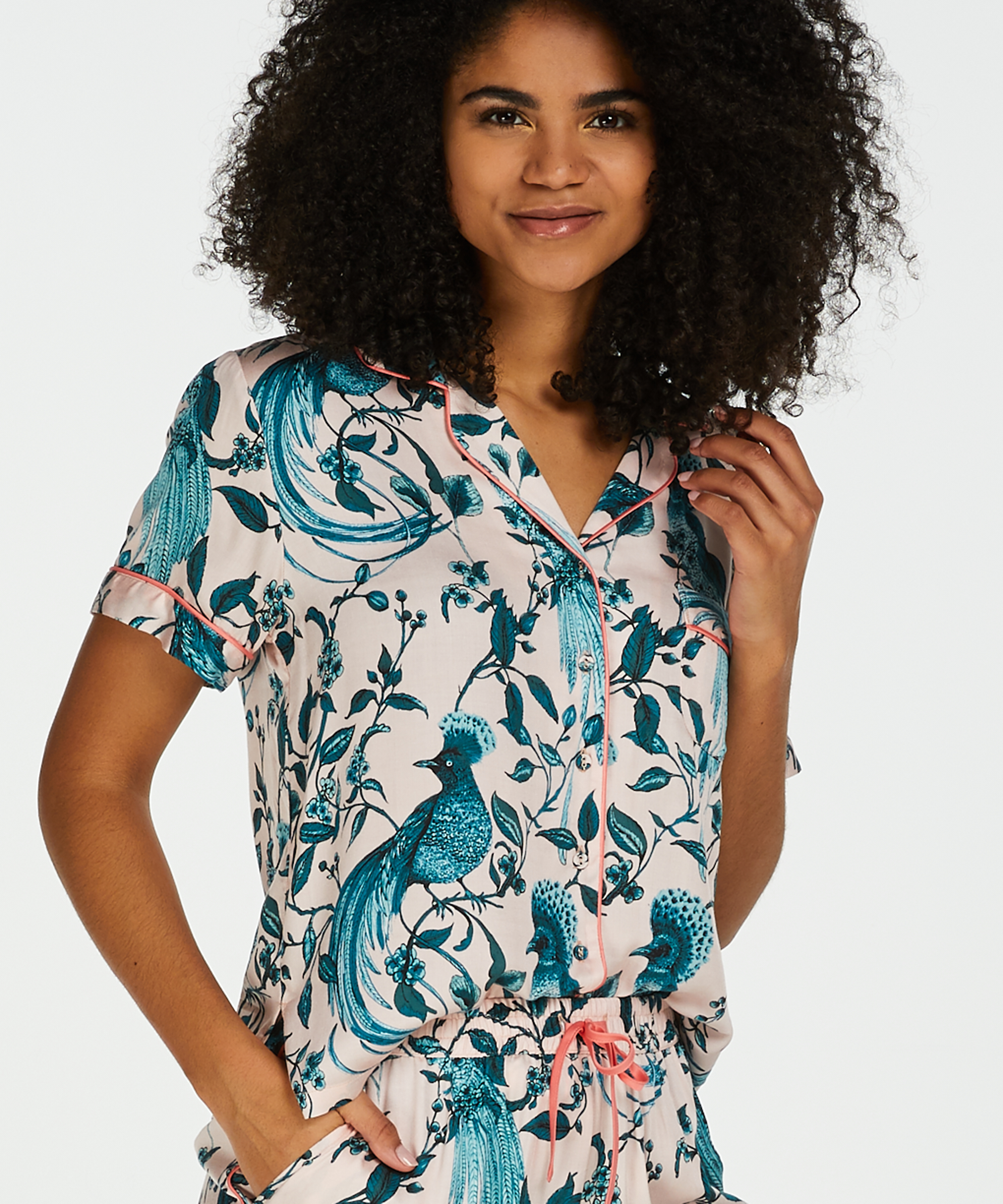 Woven pyjamasjakke korte ermer, Rosa, main