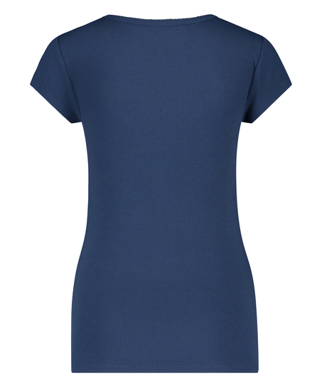 Ribbestrikket pysjamastopp med korte ermer., Blå