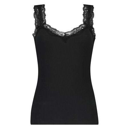 Rib Cami Lace topp, Svart