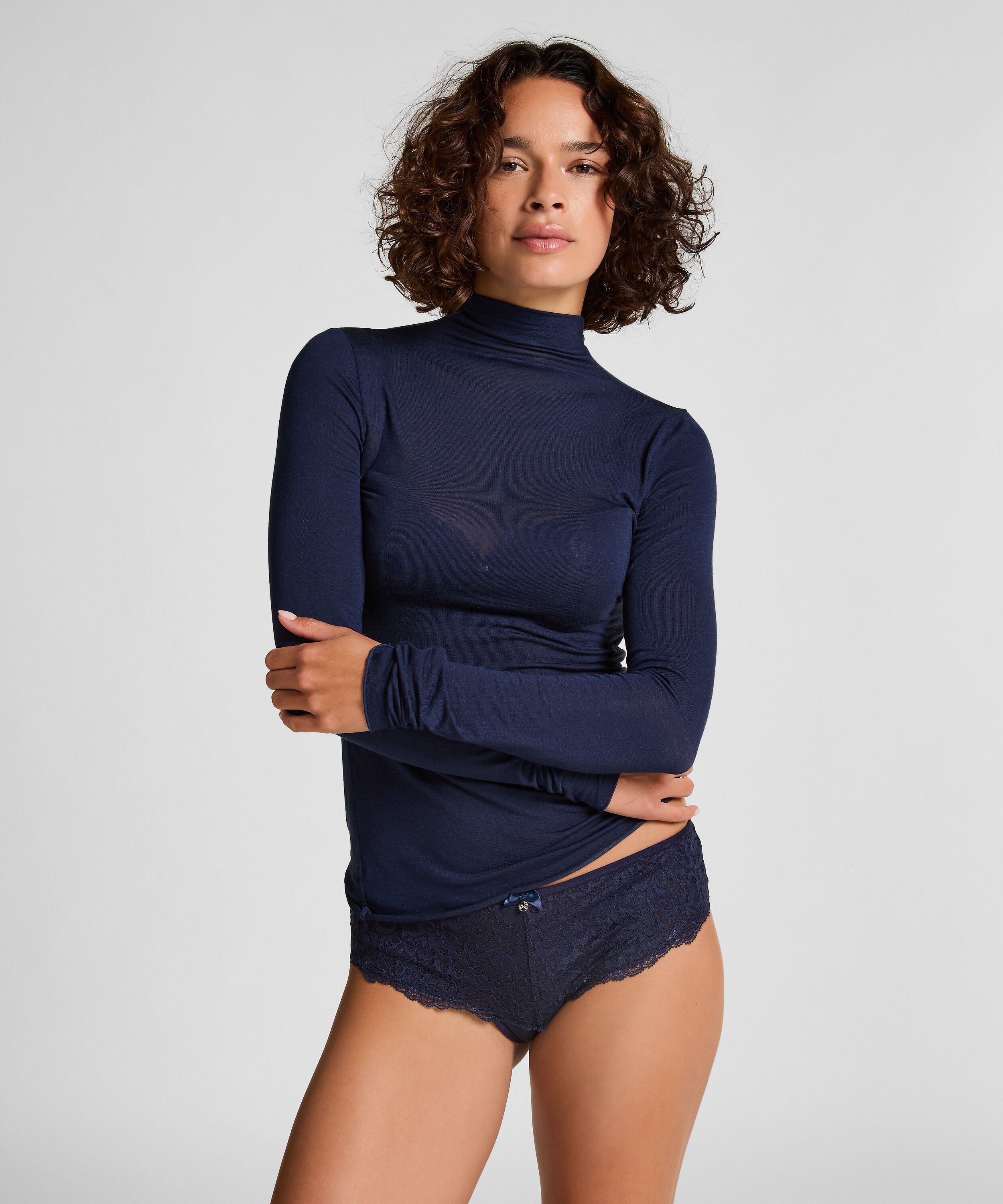 super soft cashmere-skjorte med høyhalset genser, Blå