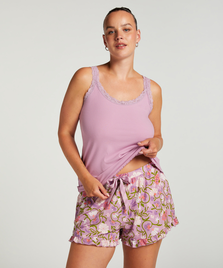 Ribbestrikket singlet med blonder, Lilla