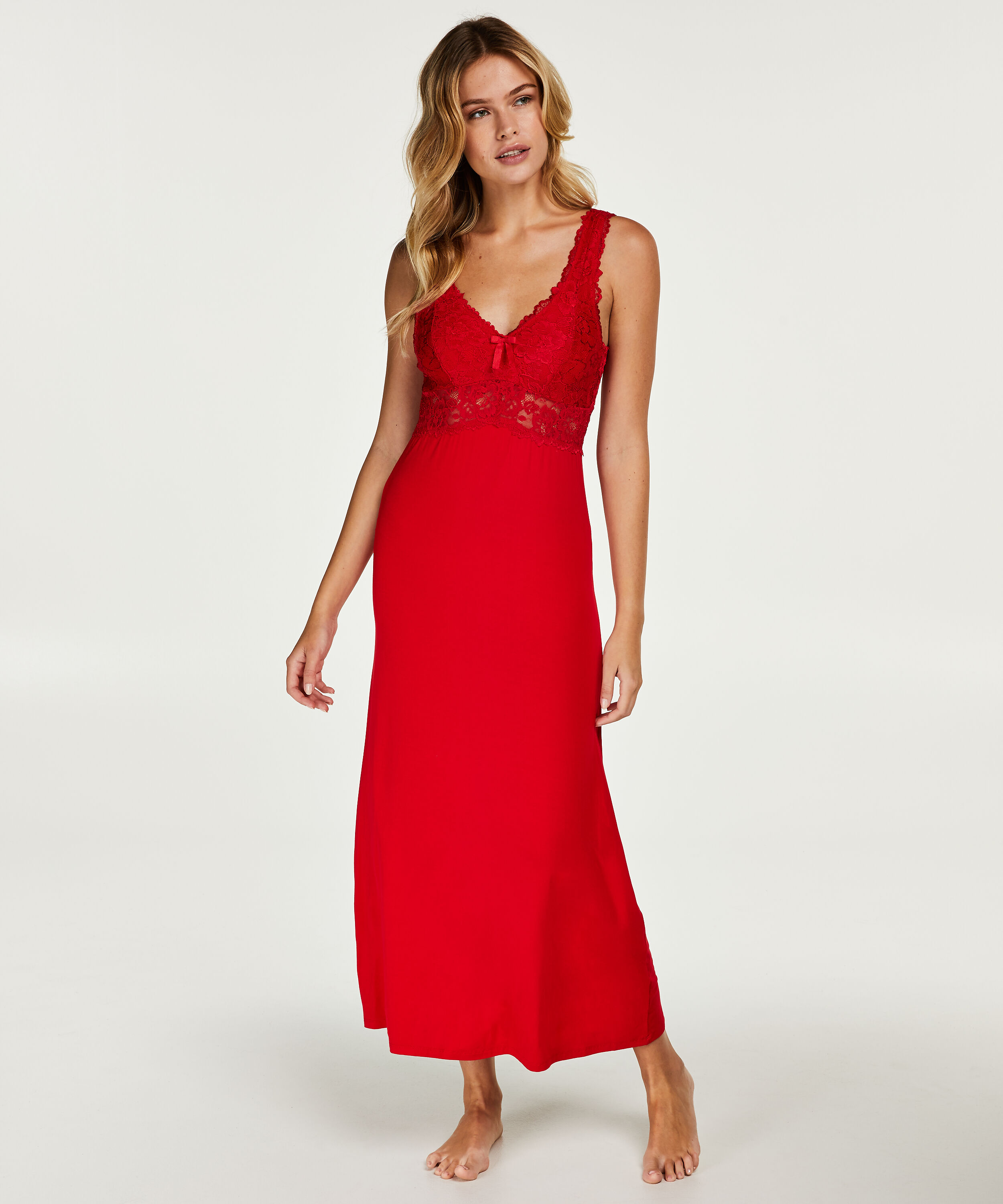 Modal Lace lang slipkjole, Rød