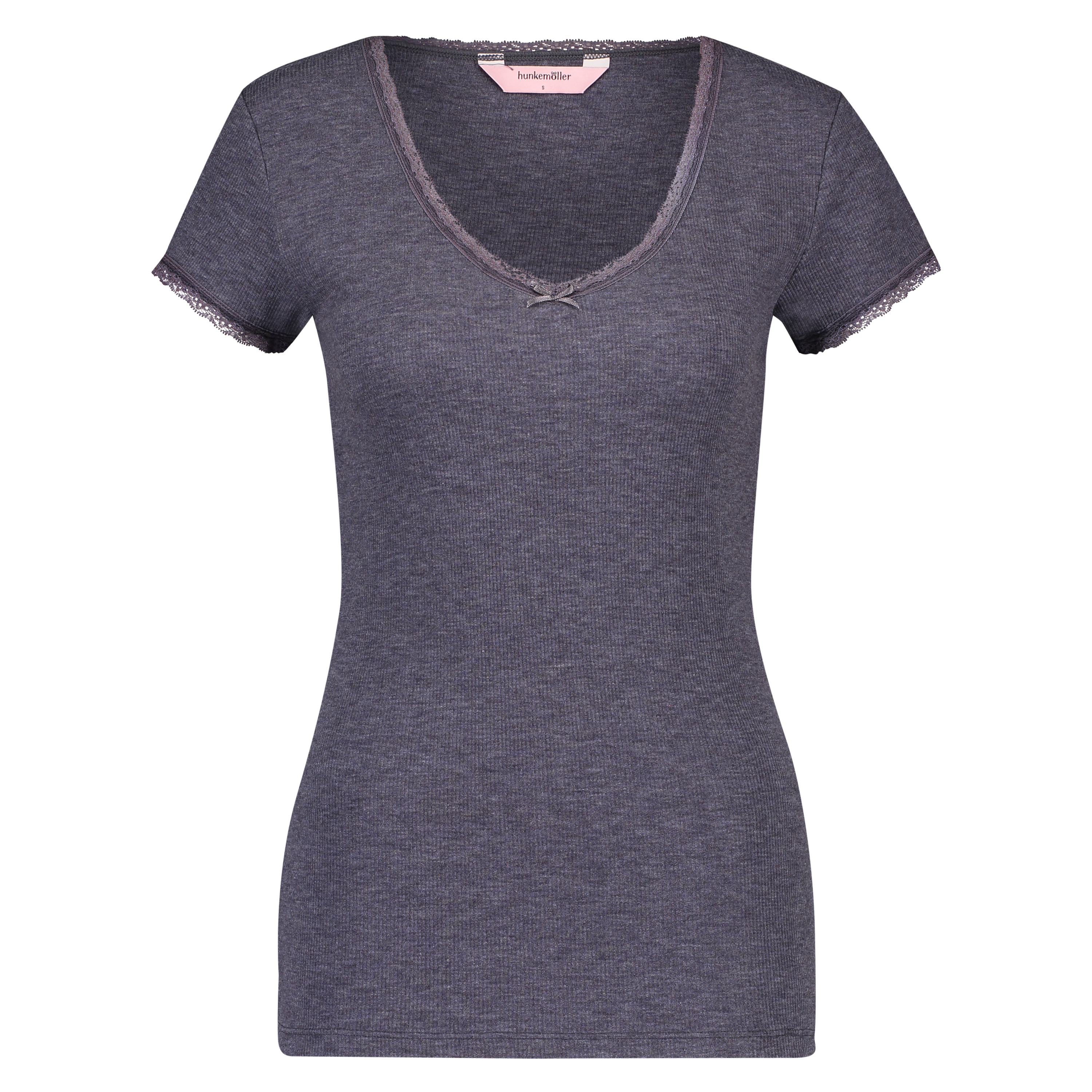 Ribbed Short-Sleeved V-Neck Pyjama Top, Grå, main