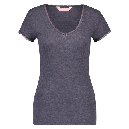 Ribbed Short-Sleeved V-Neck Pyjama Top, Grå