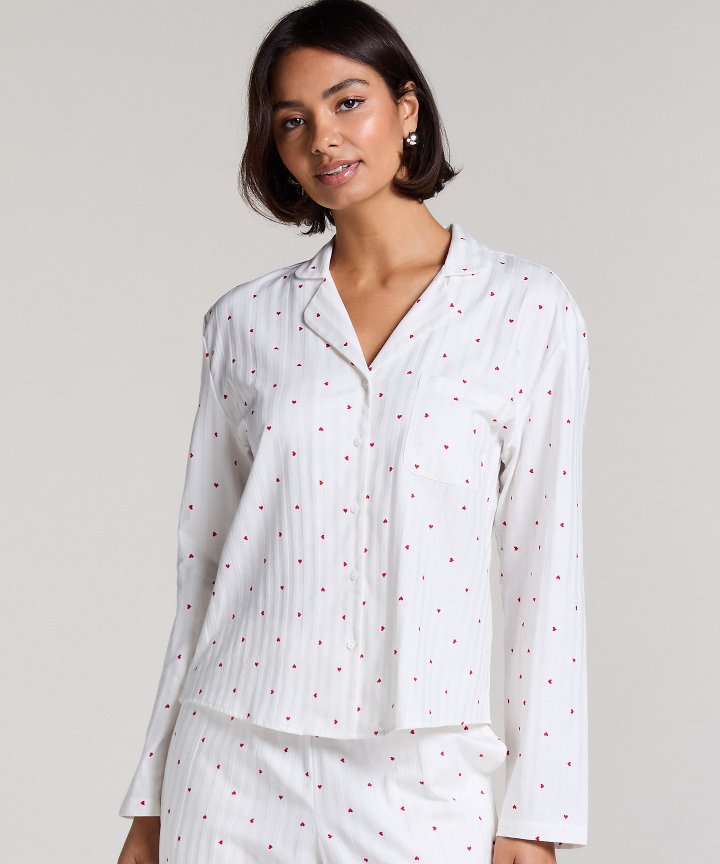 Jacquard Pyjamatopp med Lange Ermer, Hvit