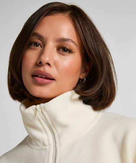 Topp med halv glidel&aring;s og sporty fleece, Hvit