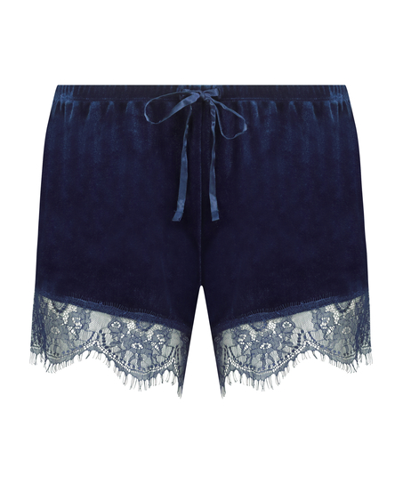 Skinnende velour Lace Shorts, Bl&aring;