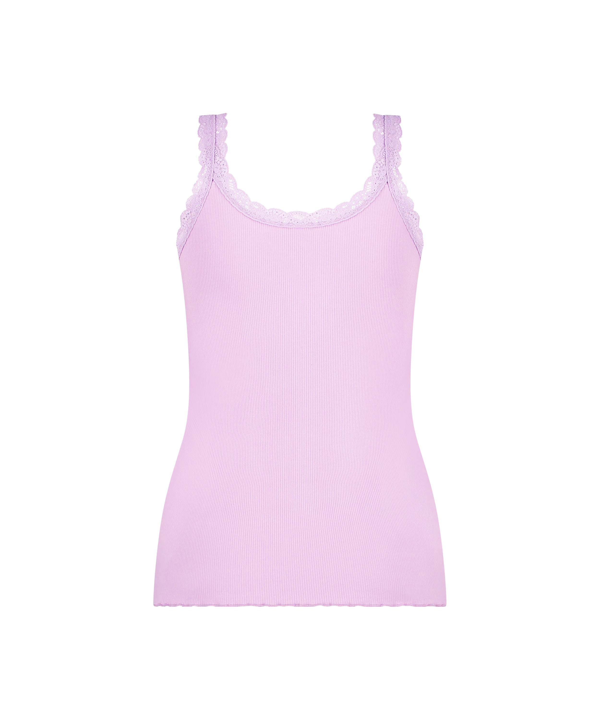 Ribbestrikket singlet med blonder, Lilla, main