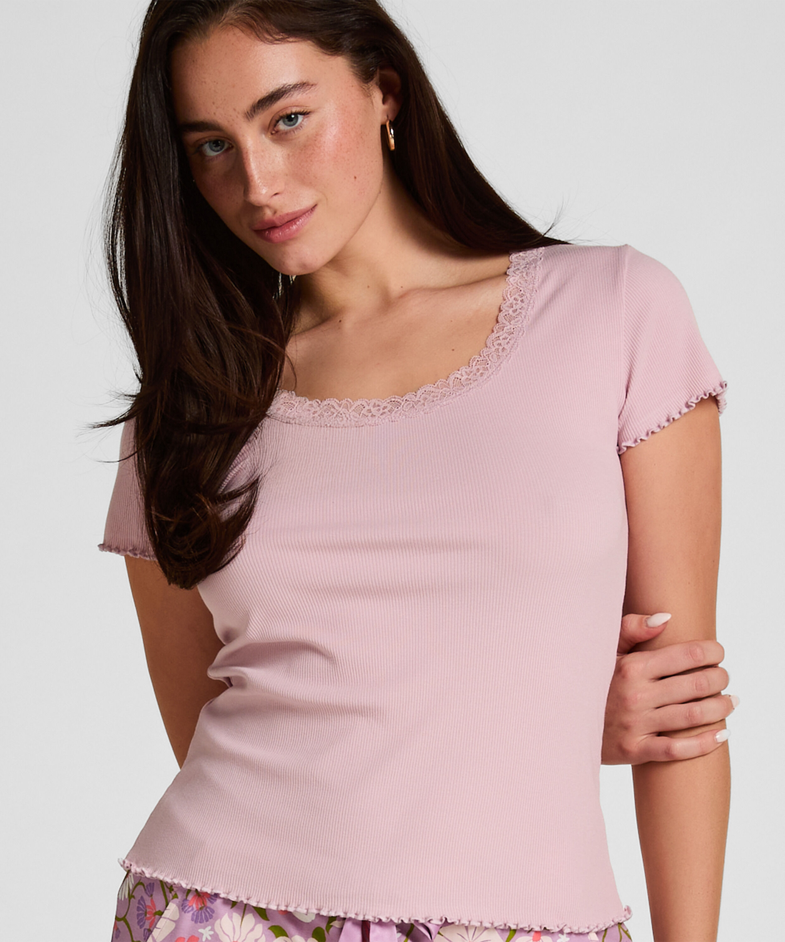 Pyjamas Topp Jersey Rib med Blonder, Rosa Pyjamas Topp Jersey Rib med Blonder, Rosa