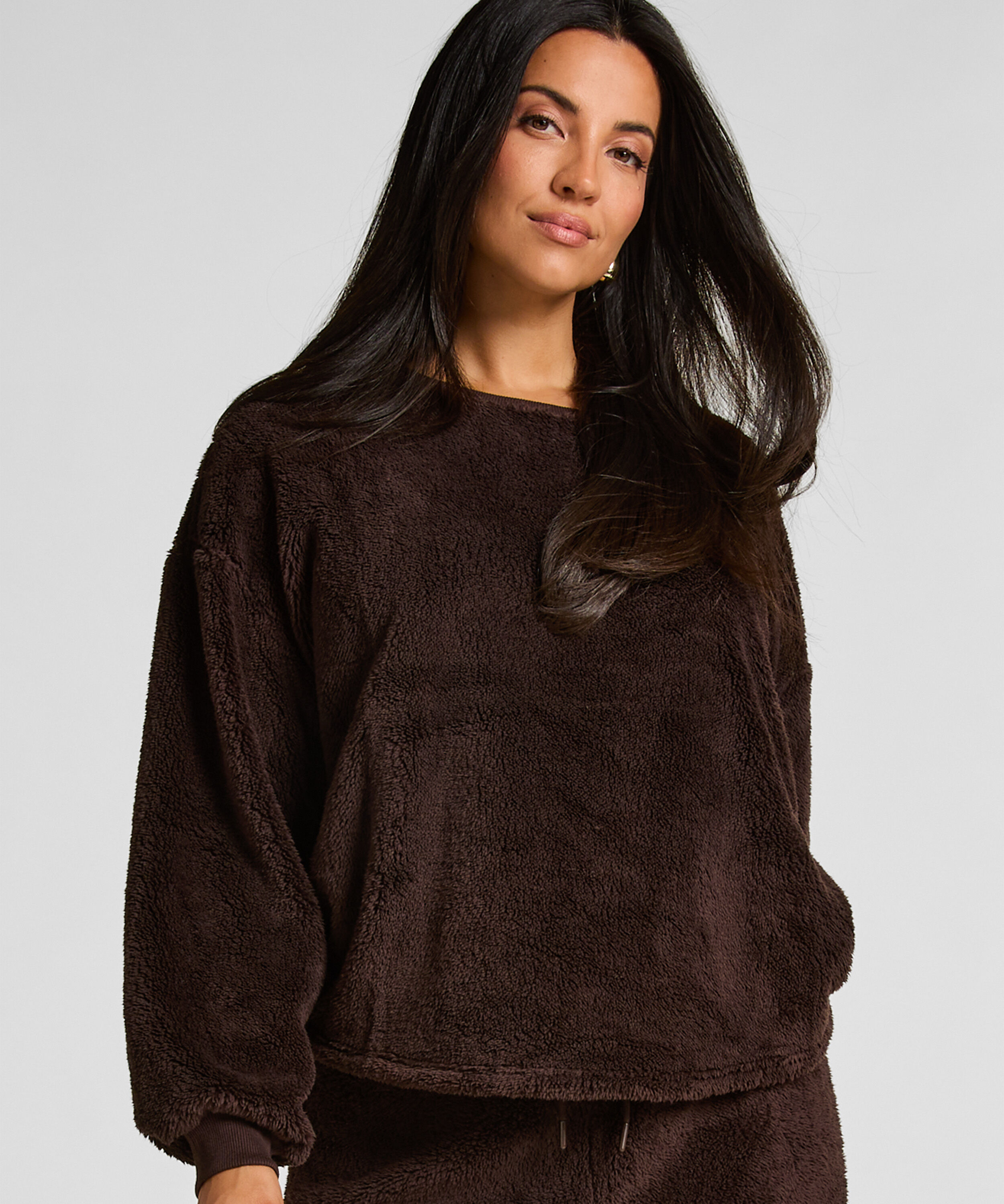 Langermet Topp Fluffy Fleece, Brun Langermet Topp Fluffy Fleece, Brun