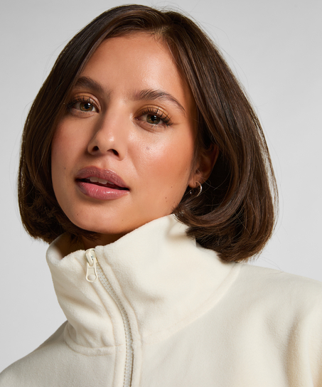 Topp med halv glidelås og sporty fleece, Hvit